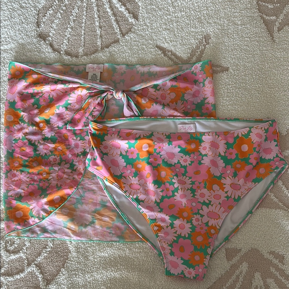 Pink lily Floral Bikini bottoms with Sarong - Pink, Orange, Green